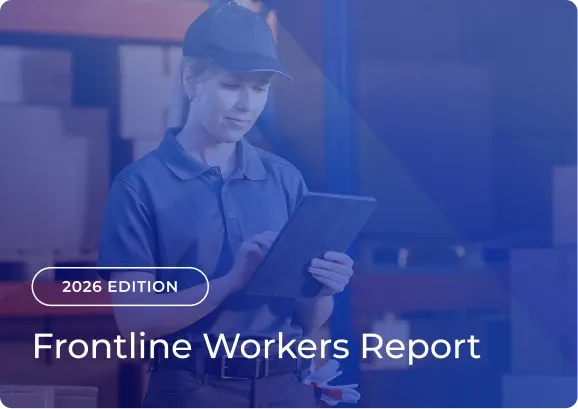 A warehouse worker in a cap and uniform uses a tablet beside text reading "2026 Edition – Frontline Workers Report."