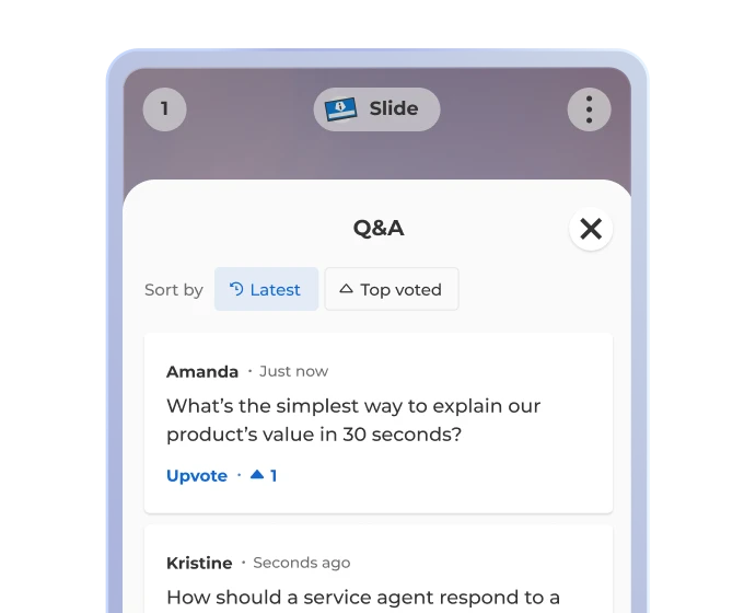 A mobile Kahoot Q&A panel shows submitted audience questions sortable by latest or top voted.