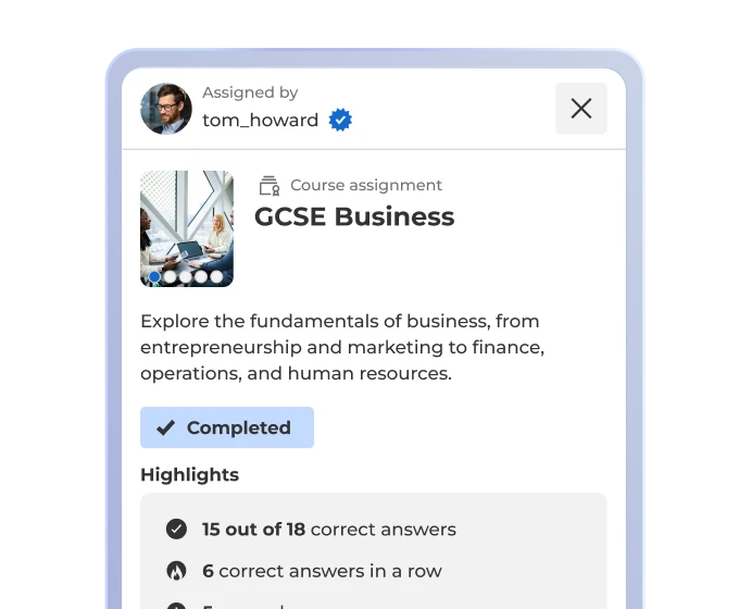 A mobile screen shows a completed Kahoot course assignment on GCSE Business with a score summary and highlights.
